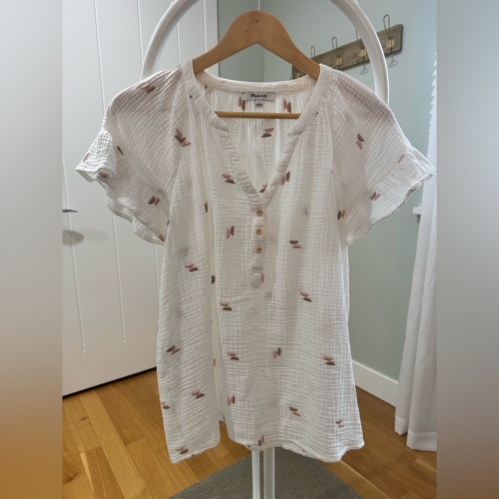 Madewell White Blouse with Tan and Mauve Embroidery